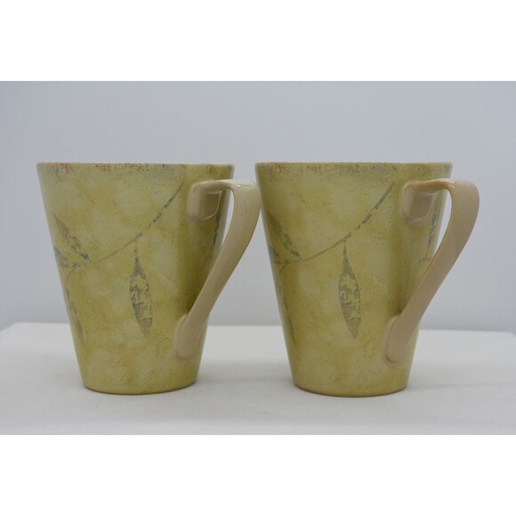 Two Pier One Stoneware Brown Antiqued Leaf 12 oz Mug Cup - Picture 1 of 6